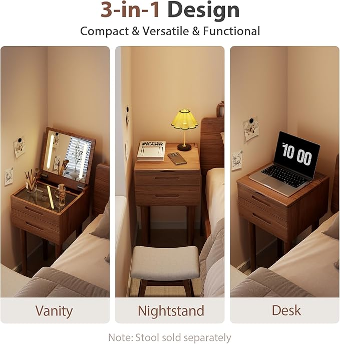 Solid Wood Small Vanity Desk with Mirror and Lights, Narrow Makeup Vanity for Small Space, Flip Top Vanity Side Table, 3 Color Modes & Adjustable Brightness, 15.7" Slim Dressing Table, Walnut