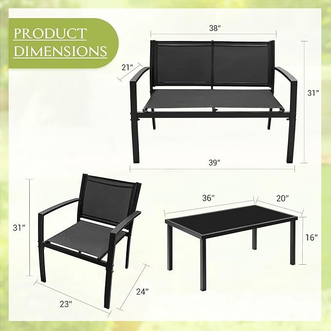 Greesum 4 Pieces Outdoor Furniture Set All Weather Patio Conversation Set with Porch Loveseat, Garden Bistro Chairs with Glass Coffee Table for Garden Backyard Poolside Textile Modern, Black