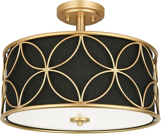 3-Light Semi Flush Mount Ceiling Light, 16" Drum Light with Fabric Shade, Modern Close to Ceiling Lamp for Living Room Bedroom Dining Room Kitchen Hallway Entry Foyer (Black Gold)