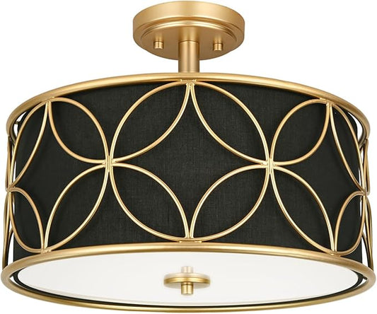 3-Light Semi Flush Mount Ceiling Light, 16" Drum Light with Fabric Shade, Modern Close to Ceiling Lamp for Living Room Bedroom Dining Room Kitchen Hallway Entry Foyer (Black Gold)