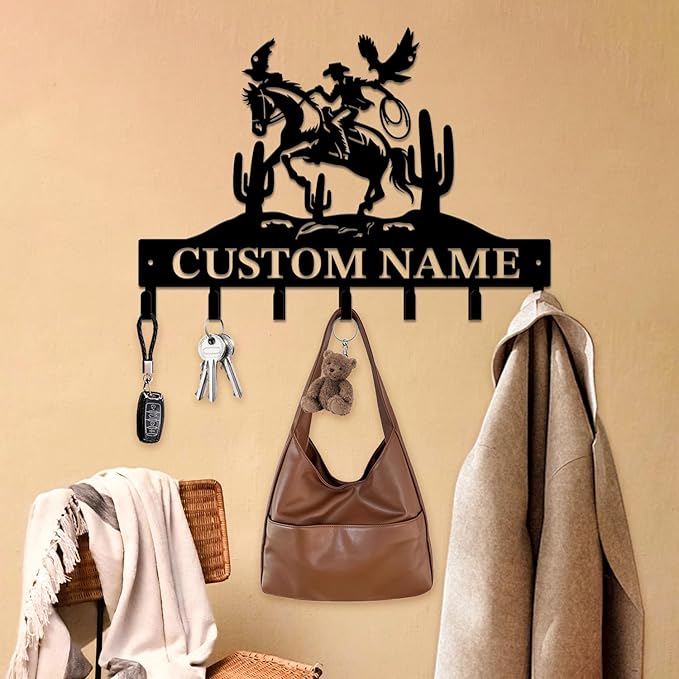 Personalized Custom Name West Cowboy Keys Hooks,Metal Cowboy Art Clothes Keys Hooks,Metal Cowboy Lover Wall Home Storage Decorative Keys Hooks,Key Holder Hooks for Wall (Style C)