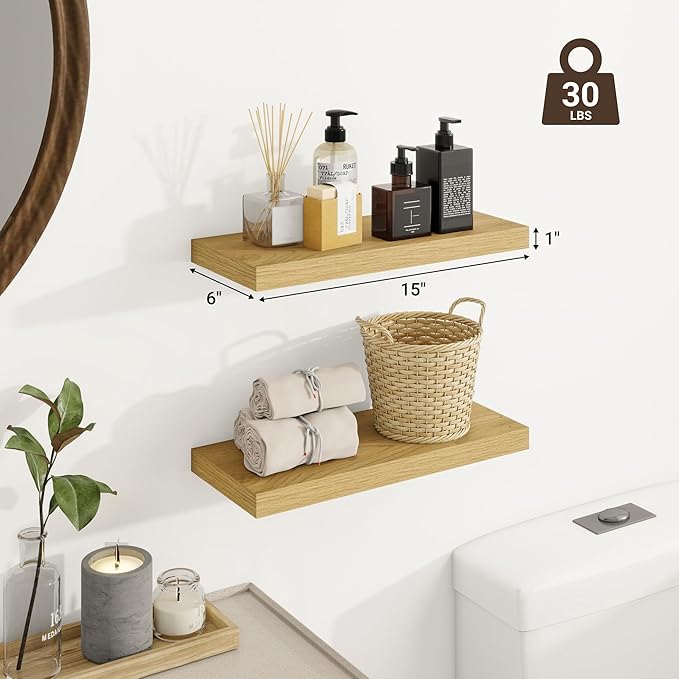 Floating Shelves for Wall, Wall Mounted Shelves with Invisible Brackets, 3 Small Wood Floating Wall Shelf Shelves for Living Room, Bedroom, Kitchen, Bathroom (Oak, 15" W x 6" D x 1" H)