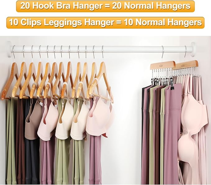 TOPIA HANGER 2 Pack Bra Hanger with Leggings Organizer, 2-in-1 Space Saving Hangers Neatly Store Max 20 Bras and 10 Leggings, Pants Jeans Shorts Skirt Tank Top Hanger for Closet Women Natural CT76N