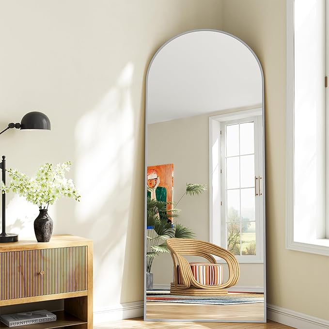 Mirror Full Length, 28"x71" Large Arched Floor Full Length Mirror with Stand, Room Decor Big Full Body Floor Mirror with HD Tempered Glass Aluminum Frame for Bedroom Living Room, Silver