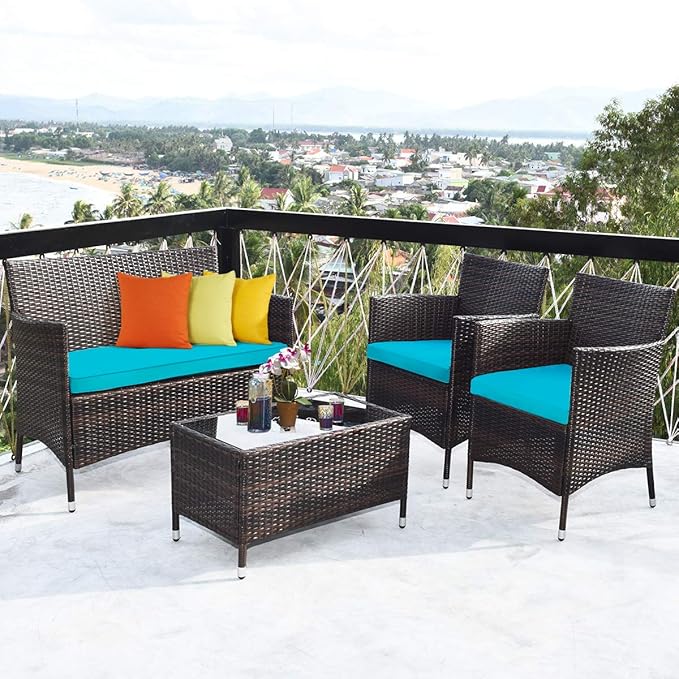 Tangkula 8 Pieces Patio Rattan Conversation Set with Tempered Glass Coffee Table & Thick Cushion, Wicker Set for Garden, Lawn, Poolside and Backyard