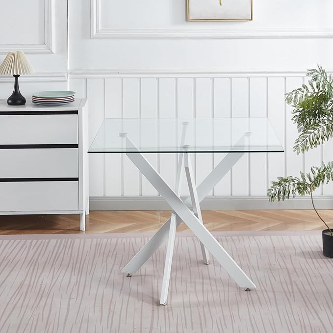 36" Square Dining Table for 4, Modern Glass Kitchen Table for 4 with White X Metal Legs, Contemporary Small Glass Dining Room Leisure Tables for Kitchen Apartment