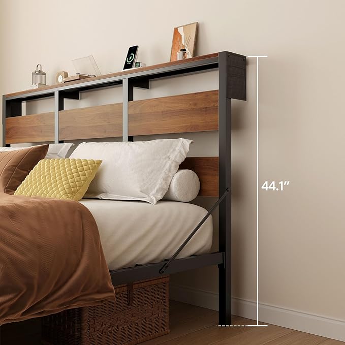 Bestier King Bed Frame with Storage Headboard and Charging Station, Walnut Platform Bed Frame with LED Light, Non-Slip Metal Bed Frame, Noise-Free, Easy Assembly,Brown