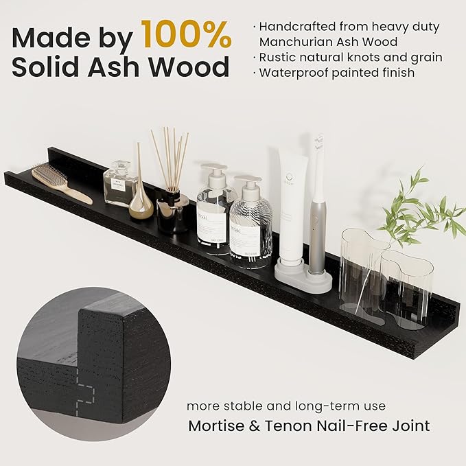 Picture Ledge Shelf, 72 inch Solid Ash Wood Floating Shelves Set of 2, Picture Ledge Ledge Wall Mounted for Living Room Kids' Room Bedroom, Color Black