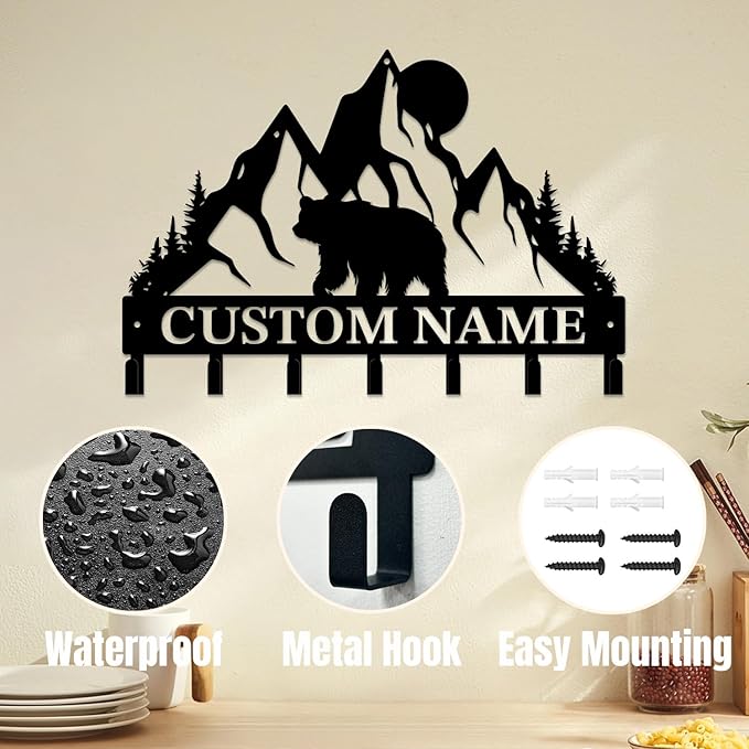 Personalized Custom Name Bear Key Wall Hooks,Metal Bear Keys Clothes Hooks,Metal Bear Wall Home Storage Decorative,For Front Door, Hallway, Kitchen, Bedroom,Keys,Hats (Style L)