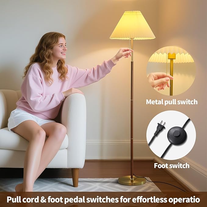 Pleated Lampshade Tall Floor Lamp for Living Room Corner Bedroom Bedside Office, Brown Pole Lamp, Bright 12W Dimming Reading Light, Modern Cute Unique Retro Standing lamp,Farmhouse Vintage Home Decor