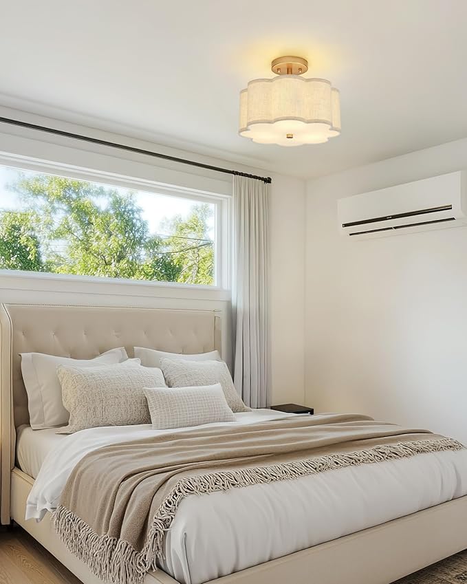 Gold Semi Flush Mount Ceiling Lights, 3-Light 12.5" Light Fixtures Ceiling Mount with Linen Fabric Drum Shade in Flower Shape for Nursery Hallway Bedroom Kitchen, AD-22007-3SF-GD-B