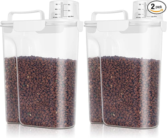 TBMax 2 Pack Cat Dog Food Storage Containers 10 to 14 Lbs, Portable Travel Pet Container Dispenser with Easy-Pouring Spout & Cup, Airtight Bird Seed Container Dog Treat Storage Bin -White