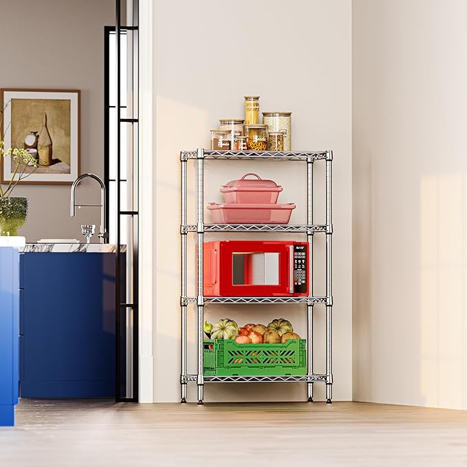 IZEUK 4 Tier Steel Storage Shelves, Heavy Duty Metal Shelf Wire Shelving Rack for Pantry, Kitchen, Living Room, or Office Organization (11.8" D x 25.6" W x 45.5" H, 1000LBS, Chrome)