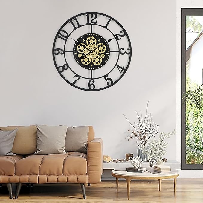 24In Large Wall Clocks for Living Room Decor with Moving Gears,Large Wall Clock Industrial Steampunk,Oversized Metal Analog Wall Clocks for Home Battery Operated (Accessories Color May Vary)