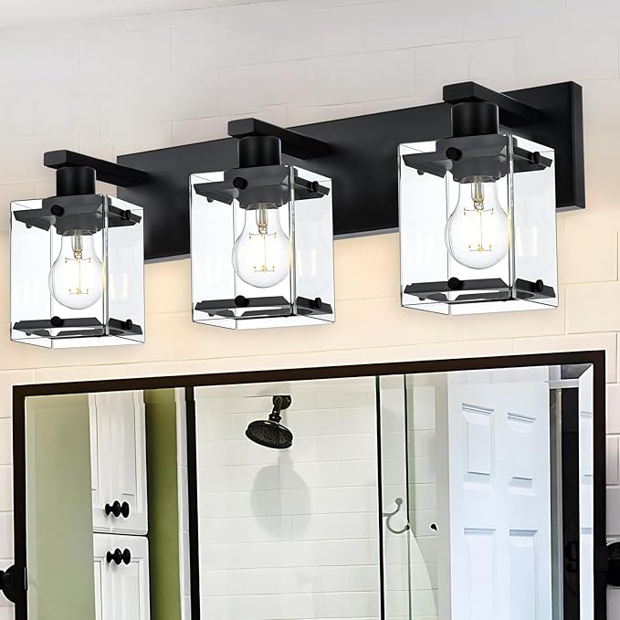 3-Light Black Bathroom Light Fixture Over Mirror, Vanity Wall Lighting with Rectangular Clear Glass, E26 Bulb Base