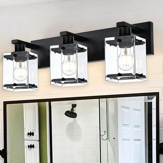 3-Light Black Bathroom Light Fixture Over Mirror, Vanity Wall Lighting with Rectangular Clear Glass, E26 Bulb Base