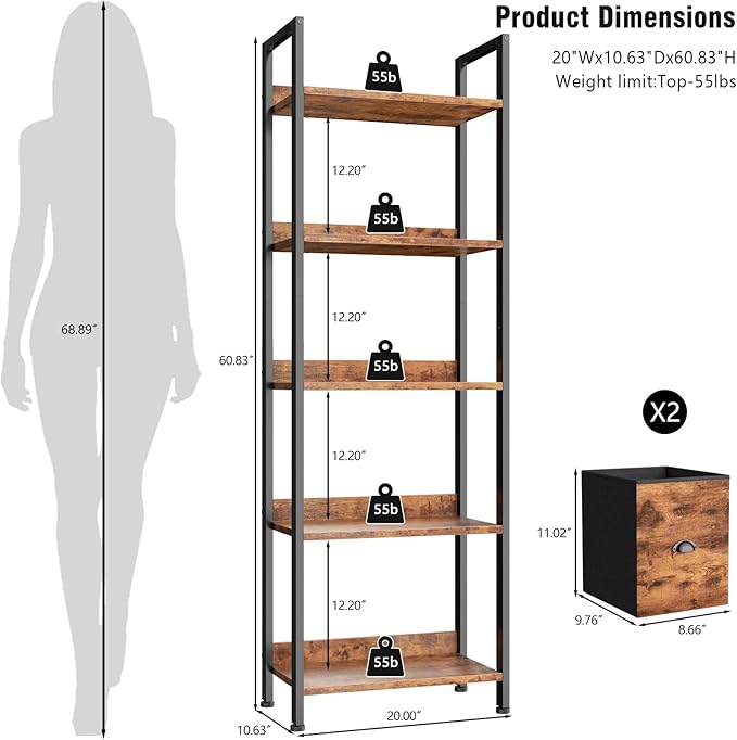 Furologee 5-Tier Bookshelf, Tall Bookcase with 2 Storage Drawers, Adjustable Industrial Display Standing Shelf Units, Wood and Metal Storage Rack for Living Room, Bedroom, Home Office Rustic Brown