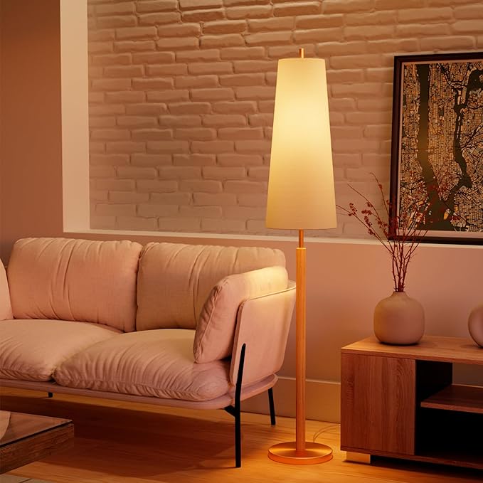 GLOBE Electric 61000173 63" Floor Lamp, Matte Brass, Wood Toned Accent, Long White Fabric Shade, in-Line On/Off Foot Switch, 6.7-Foot Clear Cord, 1-Light, 60W E26/Medium Base Bulb