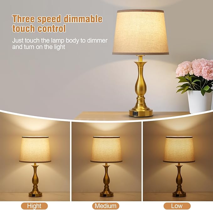 Bedside Table Lamp Touch Control Bedroom Lamps with USB A and C Charging Port 3 Way Dimmable Touch Lamps for Nightstand Living Room Bedroom Dorm Home Office Reading, Set of 2