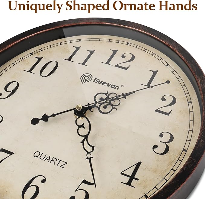 Geevon Retro Silent 12 Inch Wall Clock Non Ticking, Rustic Vintage Clock Quartz Decorative, Battery Operated Wall Clock for Kitchen/Office/Classroom/Bedroom/Living Room Decor