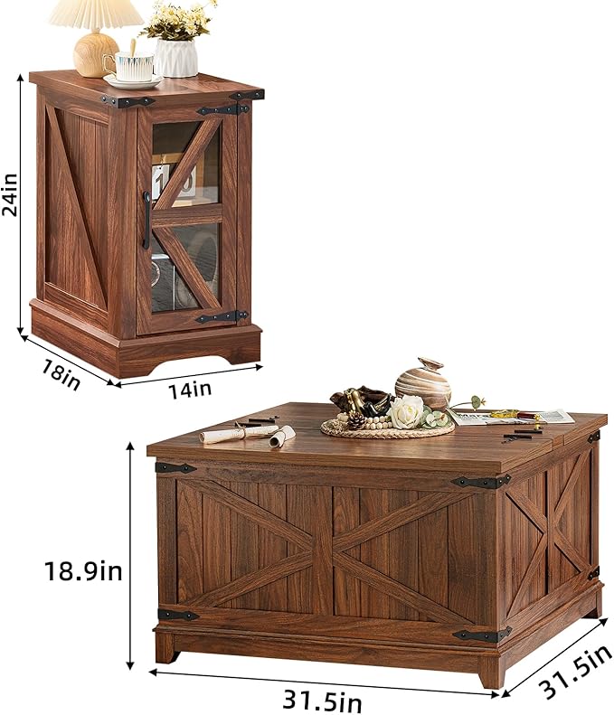 Farmhouse Coffee Table Sets 2 Pieces, Narrow Night Stand with Glass Barn Door Storage, Large Coffee Tables with Hidden Storage Organizer, Wood Furniture Sets for Living Room, Office, Brown
