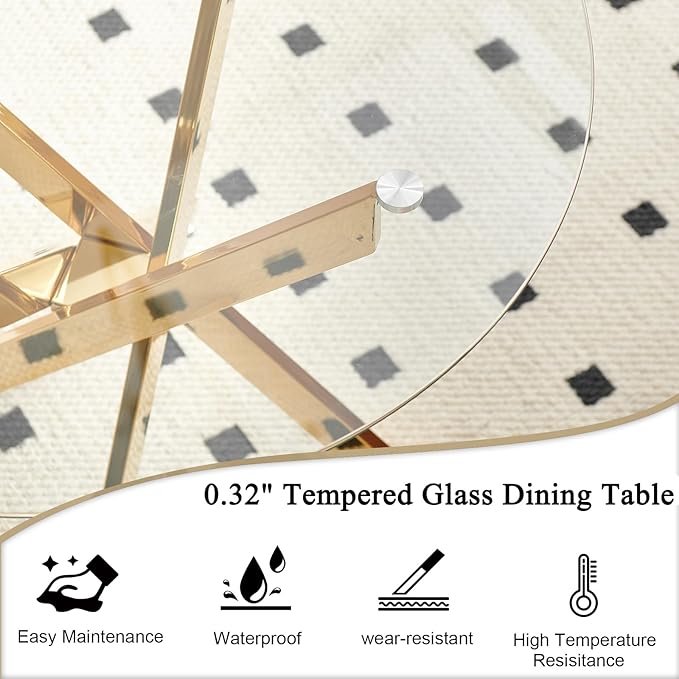 36" Round Dining Table for 4, Modern Clear Glass Kitchen Table for 4 with Gold X Metal Legs, Contemporary Small Circle Dining Room Leisure Tables for Kitchen Apartment
