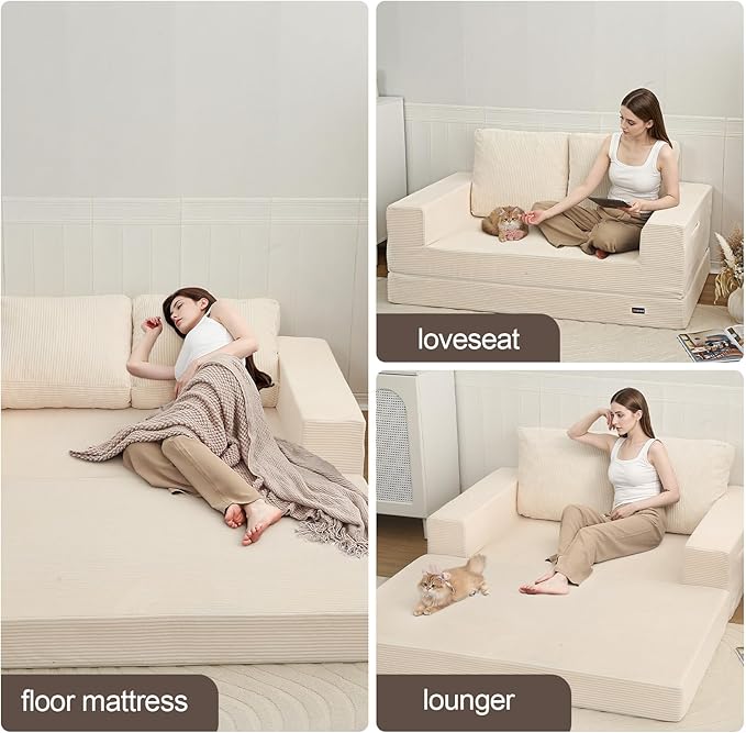 COMAX Convertible Sofa Bed Queen, Folding Fold Out Couch Bed, Floor Futon Couch Corduroy Sleeper Mattress with Back Pillows, Boneless Sofa Comfy Lounge Loveseat for Living Room Bedroom, Beige