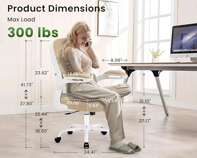 Ergonomic Office Chair, Comfy Desk Chair with Adjustable Lumbar Support, Mesh Computer Chair with Wheels, Flip-up Armrests, Swivel Rolling Executive Chair for Home Office, Gaming, Khaki