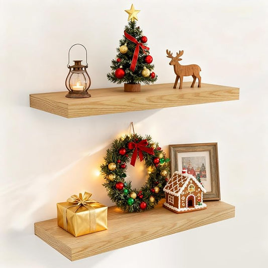 Fun Memories Floating Shelves for Wall, 24 x 9.3 Floating Shelf Wall-Mounted, Rustic Wood Bathroom Shelf Set of 2, Deep Bookshelf Storge Shelves for Living Room, Bedroom, Farmhouse, Oak Color