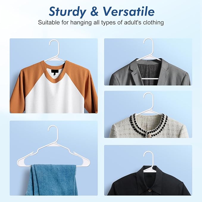 HOUSE DAY Plastic Hangers 50 Pack - White Clothes Hangers with Non-Slip Shoulder Grooves, Durable and Sturdy Coat Hanger, Space Saving Slim Design Perfect for Closet Organizers and Storage