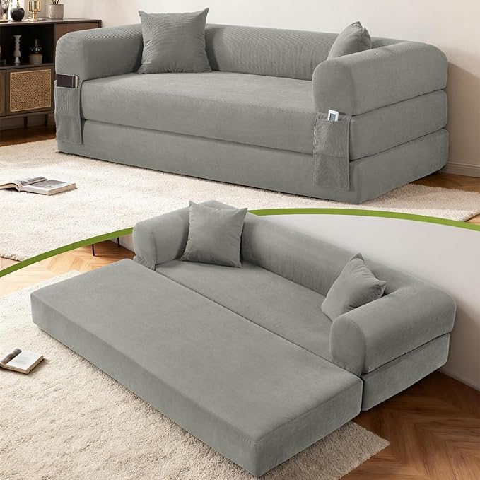 Convertible Folding Sofa Bed,80" Pull Out Couch with Pillows & Storage Pocket,Modular Futon Bed Corduroy Queen Sleeper Sofa in a Box,Compression Boneless Couch for Living Room,Light Gray
