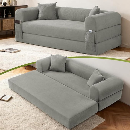 Convertible Folding Sofa Bed,80" Pull Out Couch with Pillows & Storage Pocket,Modular Futon Bed Corduroy Queen Sleeper Sofa in a Box,Compression Boneless Couch for Living Room,Light Gray