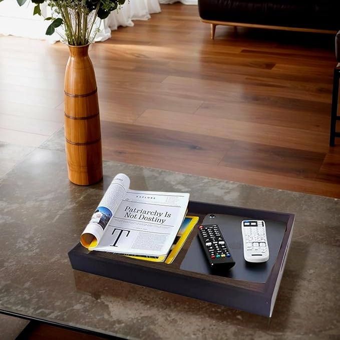 14.9''x10.2''x1.57'' Bamboo Wooden Tray with Handles, Rectangular Natural Solid Wood, Black Walnut Color Serving Tray Suitable for Kitchen,Bedroom,Coffee, Party Bars.