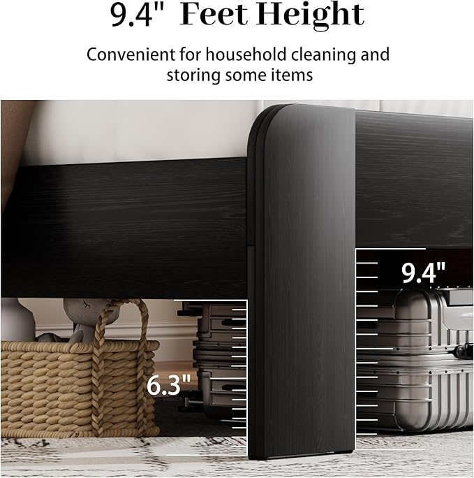 Full Size Wooden Bed Frame with Bookcace Storage Headboard, Rustic Farmhouse Bedframe with LED Lights and Charging Station, Sturdy and Stable, Slat Support, No Box Spring Required (Black, Full)