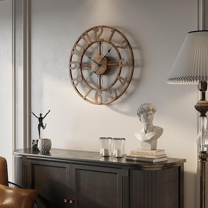 Cuspin Wall Clock, 16 Inch Bronze Metal Wall Clock Silent Non-Ticking Battery Operated, Large Round Retro Arabic Numerals Analog Decorative Clocks for Living Room Kitchen Mantel Office