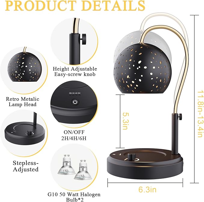 Candle Warmer Lamp with Timer, Candle Warmer Lamp Adjustable Height with 2 Bulbs, Dimmable Electric Candle Warming Lamp for Scented Jar Candles, Black