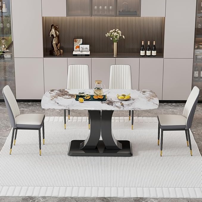 Modern Marble Dining Table Set for 4 - Rectangular Kitchen Table With PU Leather Upholstered Chairs for Dining Room (Off White-C, White)