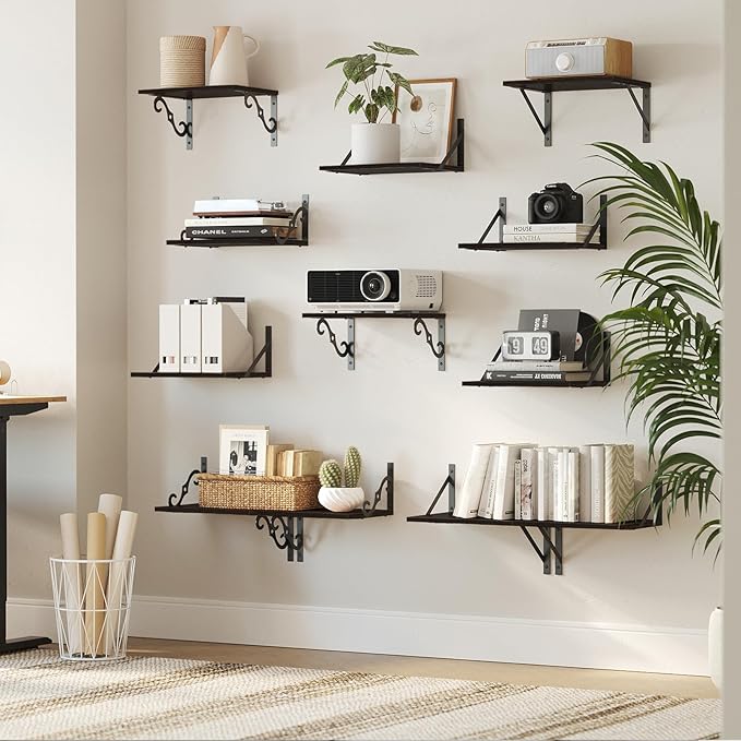 DINZI LVJ Deep Floating Shelves, 16" W x 12" D Wall Shelves Set of 2, Wide Display Shelf Mounted with Brackets, Easy-to-Install Wall Bookshelf for Living Room, Bathroom, Bedroom, Espresso