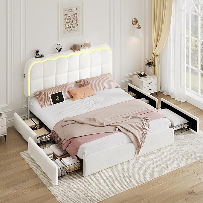 Queen Size Bed Frame with 4 Storage Drawers and LED, Adjustable Clouds Headborad,Velvet Upholstered Platform Queen Bed Frame with Charing Station,Wood Slats Support, No Box Spring Needed,White