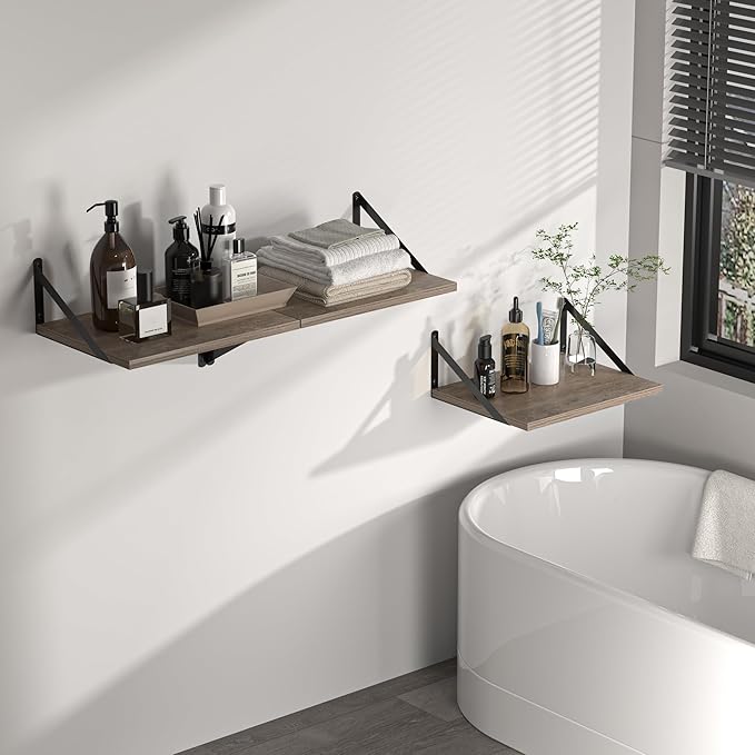 Heimlove Deep Floating Shelves for Wall, 16W x 12D Rustic Grey Wood Wall Shelves Set of 2, Large Floating Shelf for Living Room, Kitchen, Office, Bedroom and Decor Storage, with Metal Bracket - Grey