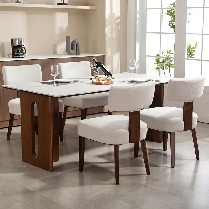 Dining Chairs Set of 4, Fabric Upholstered Wood Kitchen Chairs, Armless Linen Curved Backrest Accent Chair Farmhouse Modern Dining Chairs with Foot Pad for Kitchen/Living Room/Restaurant/Cafe-Beige