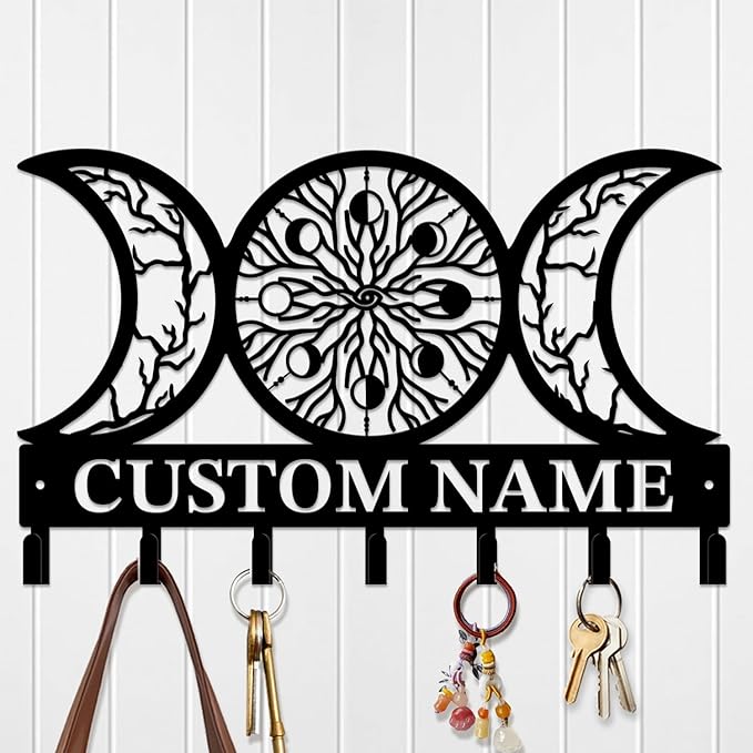 Life Tree Key Hook - Customized Metal Wall Organizer with Name Engraving, Black Iron Home Decor for Themed Collectors (Style E)
