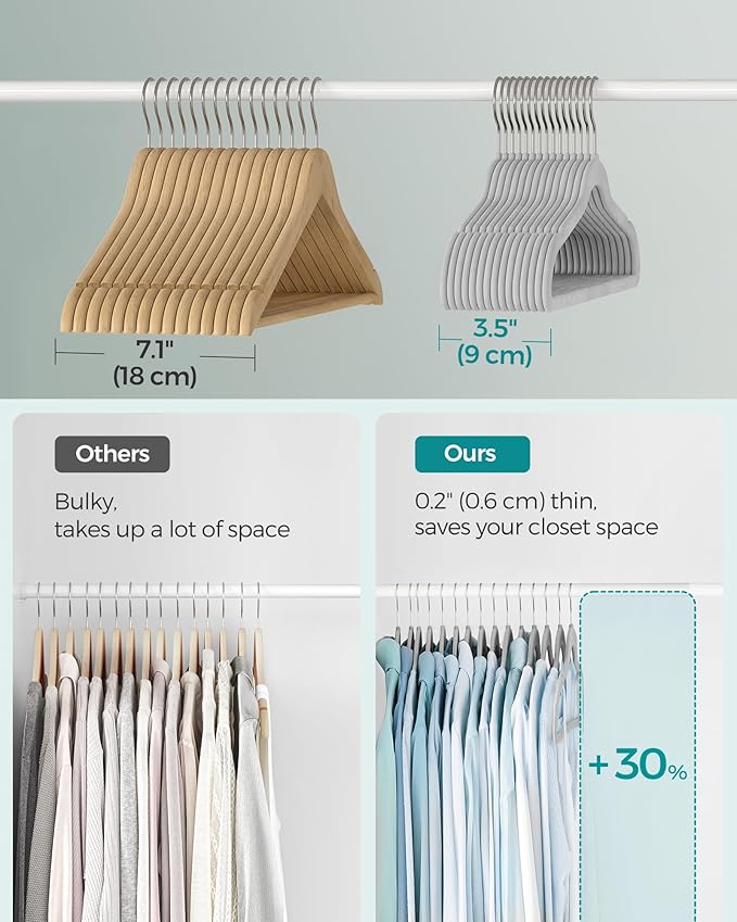 SONGMICS Velvet Hangers 60 Pack, Non-Slip Clothes Hangers with Silver-Colored Swivel Hooks, Slim Space-Saving for Closet, Heavy-Duty, Dove Gray UCRF036GD02S