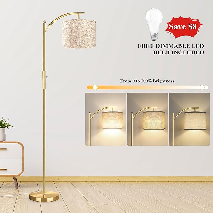 Dimmable Floor Lamp, Arc Floor Lamps for Living Room, Stepless Dimming Modern Standing Lamp with Linen Shade, Tall Lamp for Bedroom Office Dining Room- Brushed Gold