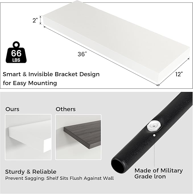 Floating Shelves for Wall, 36 Inch Wide x 12 Inch Deep Floating Shelves, Long Wood Floating Wall Shelf Shelves for Living Room Bathroom Bedroom Kitchen Home - (White, 36" W x 12" D x 2" H)