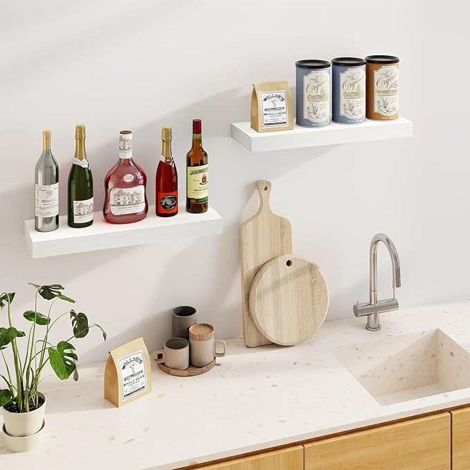 Fun Memories Floating Shelves for Wall, 24Inch Floating Shelves Set of 2, Hanging Shelf with Invisible Brackets, Wood Shelves for Living Room, Bedroom, Kitchen, White