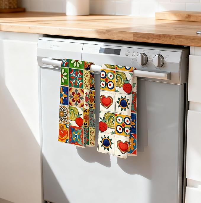 2-Pack Spanish Kitchen Towels, Mediterranean Colorful Tile Pattern Waffle Towels 16x24 Inch, Floral & Fruit Dish Towels Decor for Kitchen, Spanish Inspired Hand Towel for Bathroom Decor.