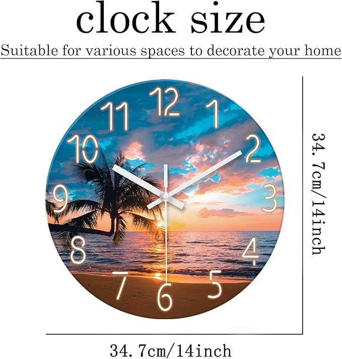 XFM Beach Wall Clock 14 Inch Palm Tree Analog Wall Clocks Battery Operated for Living Room Kitchen Decor Sunset Coastal Glass Silent Wall Clock
