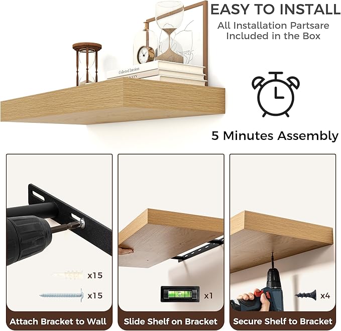 Floating Shelves for Wall, 72 Inch Wide x 12 Inch Deep Floating Shelves, Long Wood Floating Wall Shelf Shelves for Living Room Bathroom Bedroom Kitchen Home - (Oak, 72" W x 12" D x 2" H)