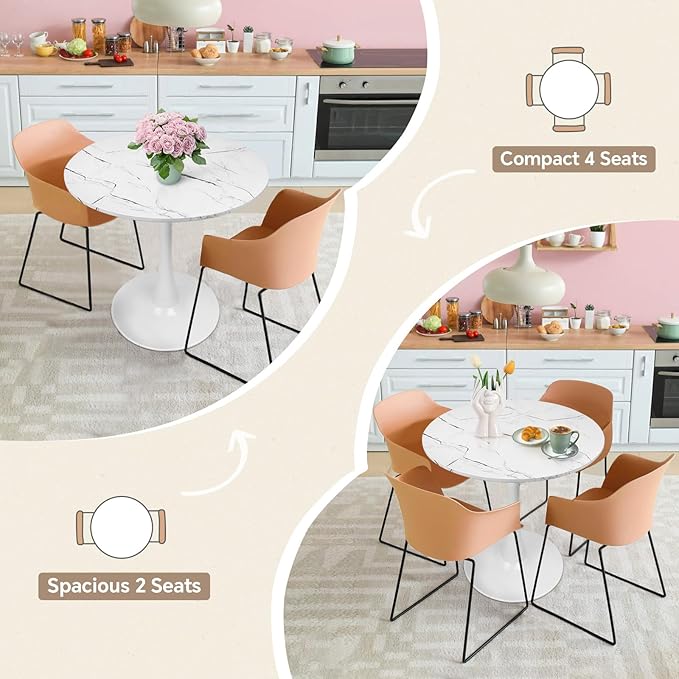Small Space 27.5 Inch White Faux Marble Round Tulip Dining Table - Mid Century Pedestal Base Kitchen Table for 2-4 People - Easy Assembly & Easy to Clean
